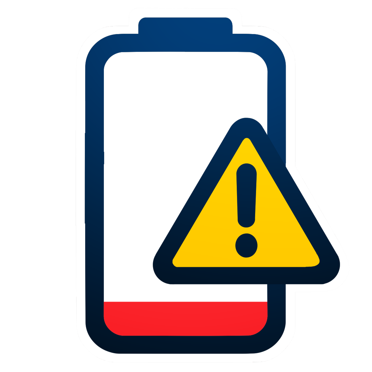 Battery icon with a low red bar and yellow caution triangle, indicating low battery warning. Conveys the urgency and alert of autistic burnout. Logo designed and created by a young person with experience of autistic burnout.